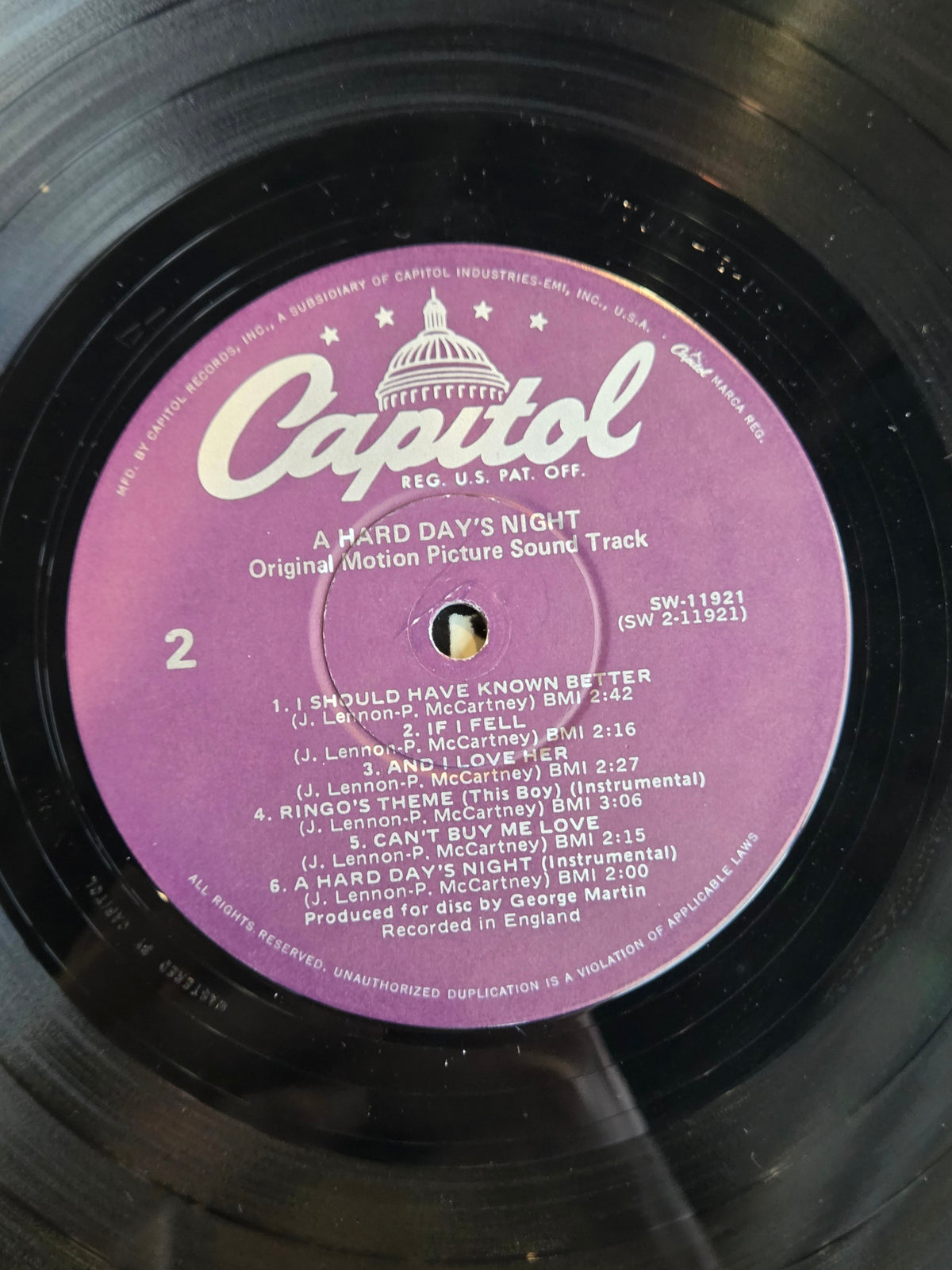 BEATLES A HARD DAYS NIGHT PURPLE CAPITOL 1980