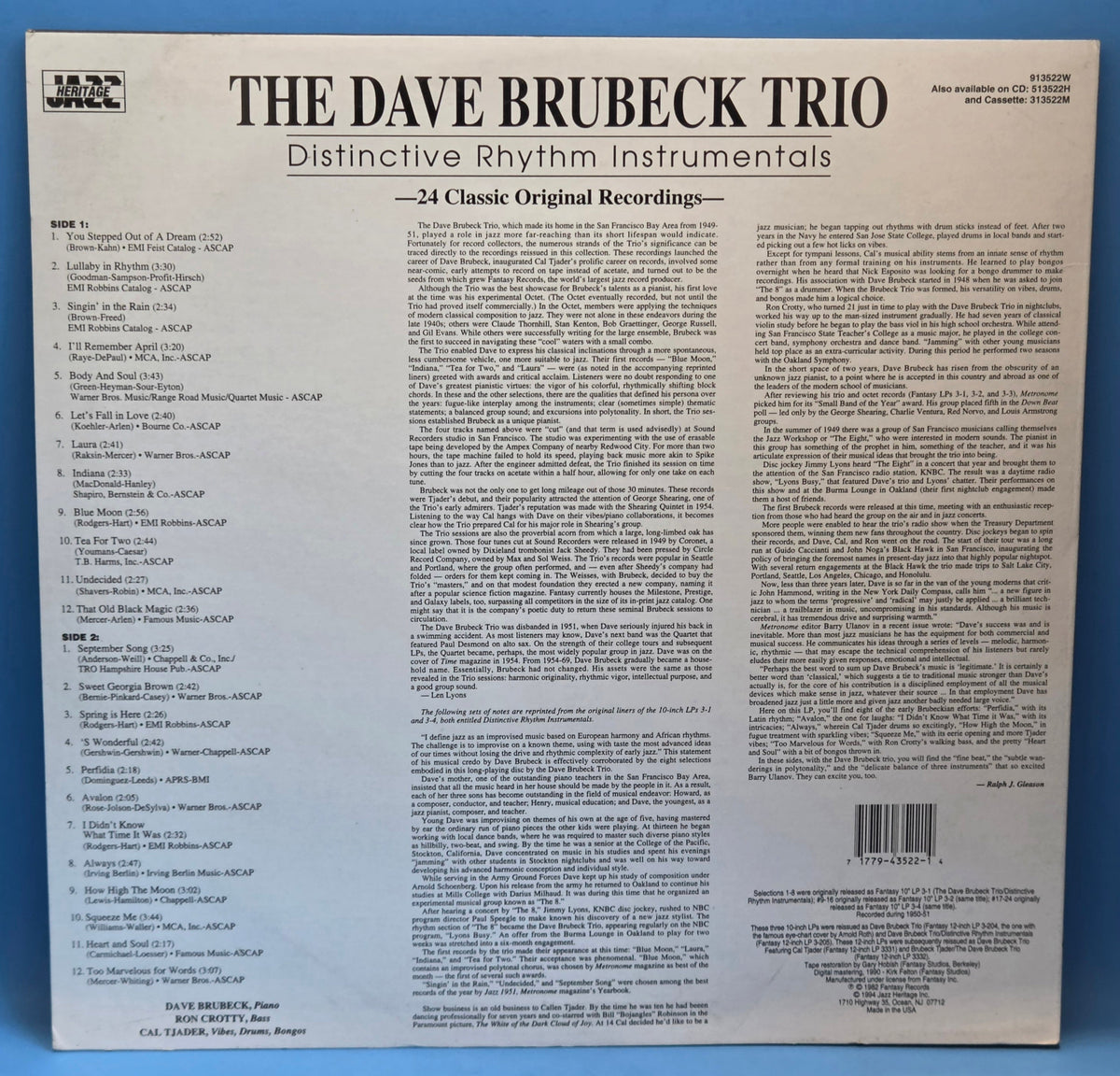 DAVE BRUBECK TRIO DISTINCTIVE RHYTHM INSTRUMENTALS RE